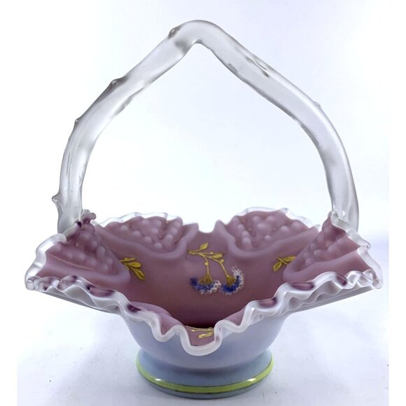 Brides Basket Glass Antique Victorian Enamel Floral Purple Satin Bowl 7" x 7" - Picture 5 of 8